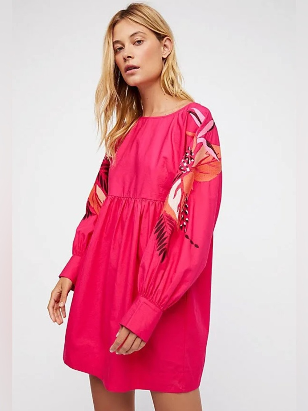 Free People Hot Pink Floral-Embroidered Balloon-Sleeve Mini Dress